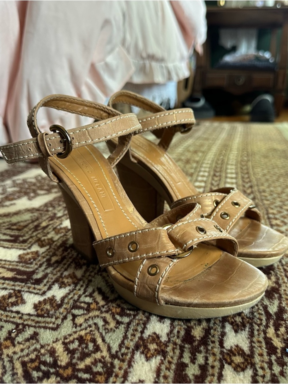 ANTONIO MELANI Tan Leather Block-Heel Sandals with Ankle Strap